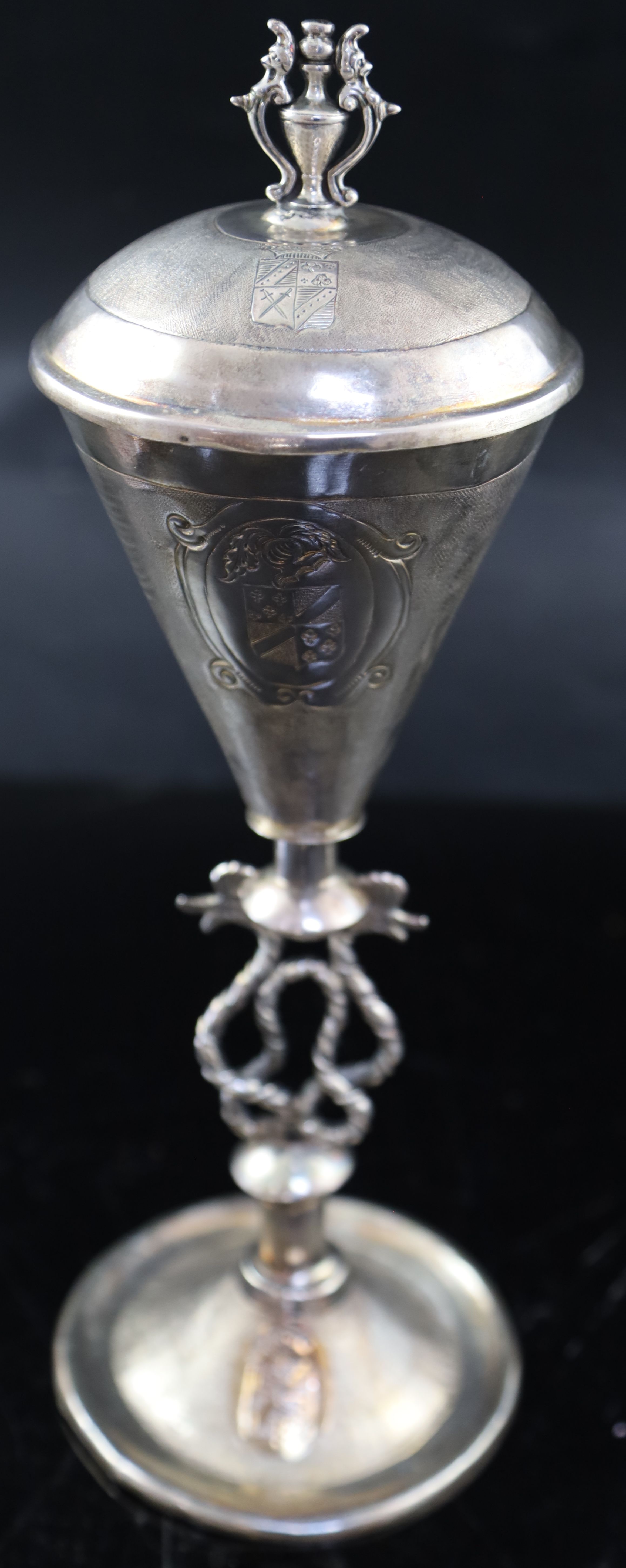 A Continental white metal cup and cover, 35.5cm, 14.5 oz, a silver plated tureen and a rectangular dish